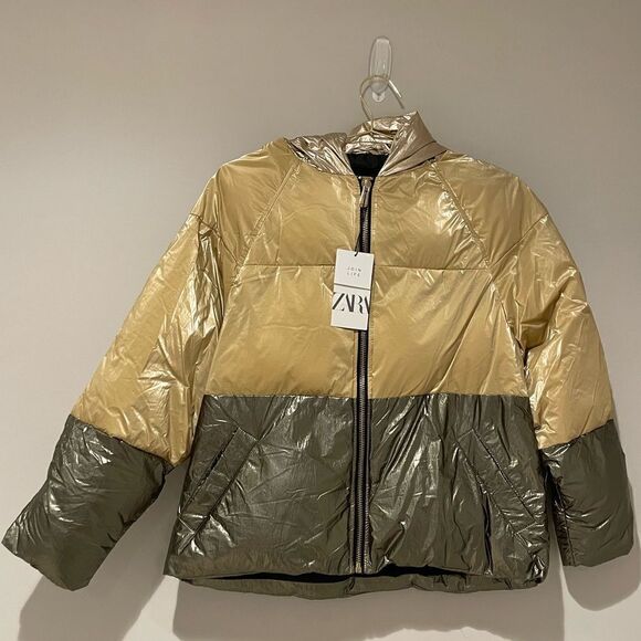 NWT Zara Golden Color-block Puffer Jacket Sz. XS - Picture 8 of 11